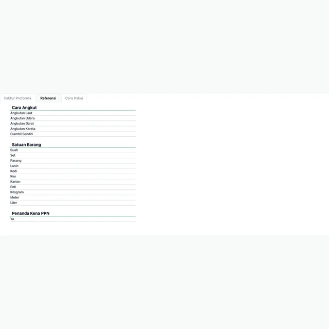 Sheet Referensi dari Faktur Proforma