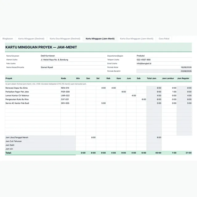 Sheet Kartu Mingguan (Jam-Menit) dari Kartu Jam Mingguan per Proyek